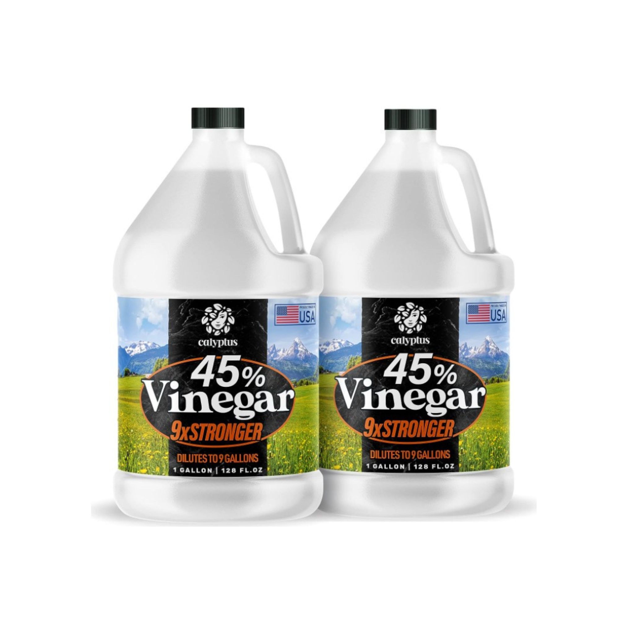 Two large white bottles of binegar with blue, green, and black labels that say 45 percent vinegar