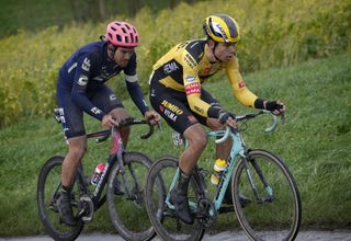 Jumbo-Visma's Wout van Aert leads Tom Scully (EF Pro Cycling) at the 2020 Omloop Het Nieuwsblad