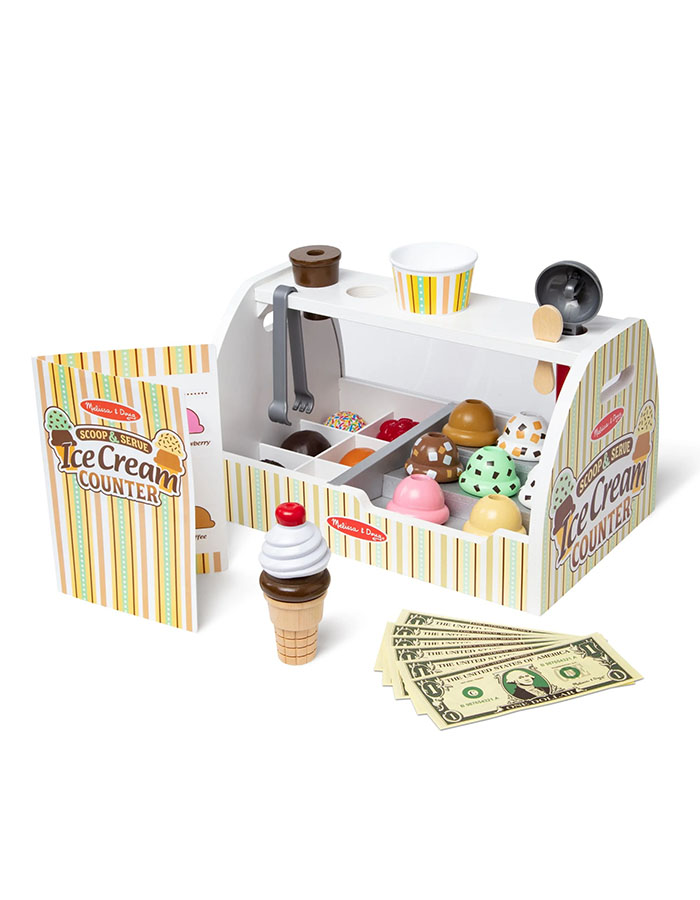 Melissa &amp;amp; Doug Wooden Scoop and Serve Ice Cream Counter With Play Food and Accessories (28 Pcs)