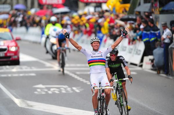 Thor Hushovd (Garmin-Cervelo) outsprinted compatriot Edvald Boasson Hagen (Sky) to win stage 16.