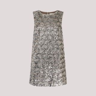 flat lay image of silver sequin dress