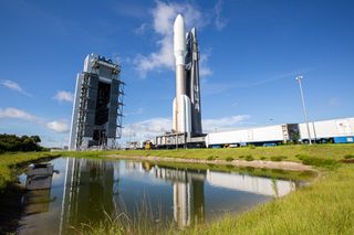 The Atlas V rocket that will launch the AEHF-5 satellite rolls out to the launch site at Cape Canaveral Air Force Station in Florida.