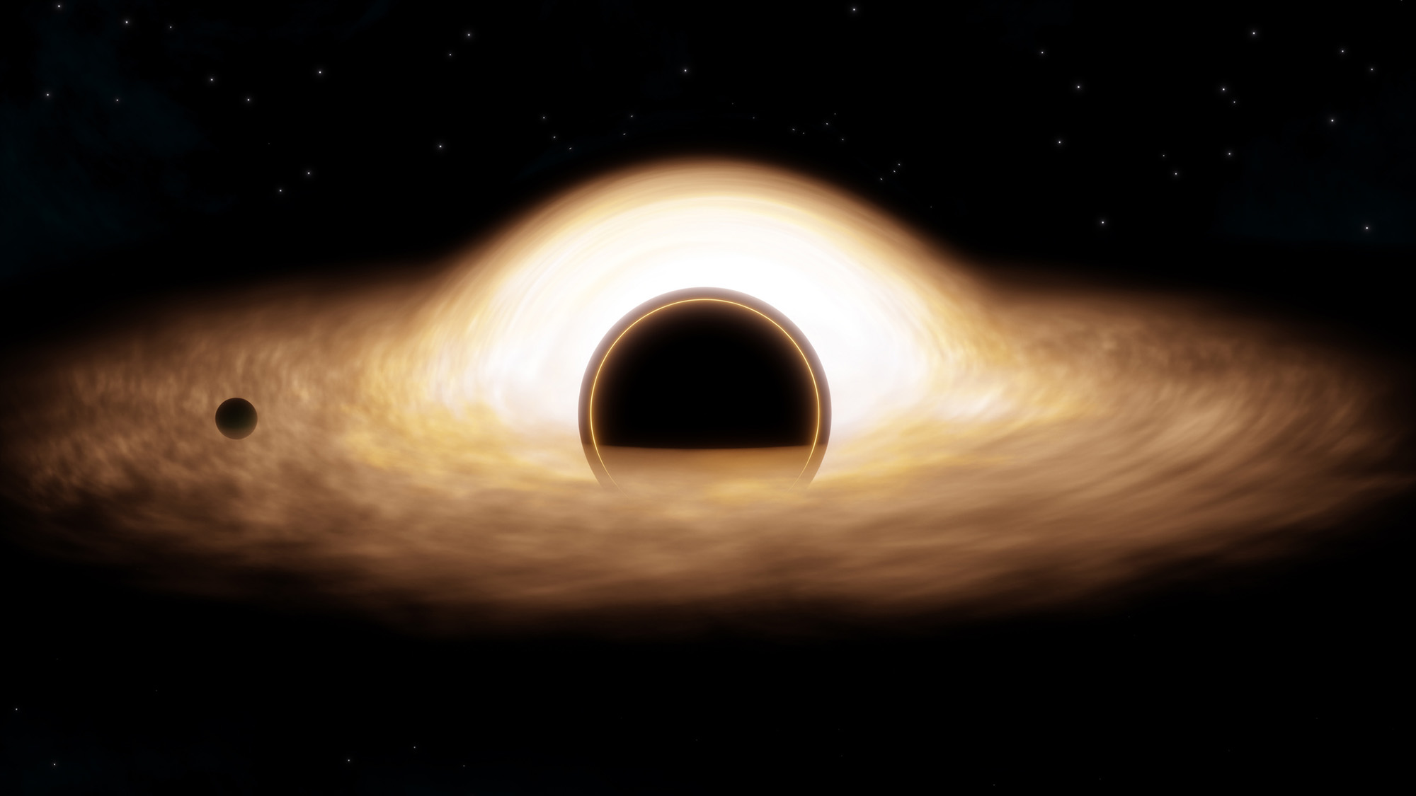 An illustration of a black sphere surrounded by glowing white gas in space