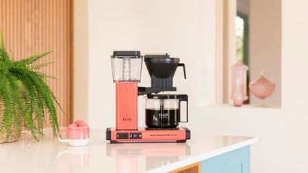 The Moccamaster in Sorbet on a countertop