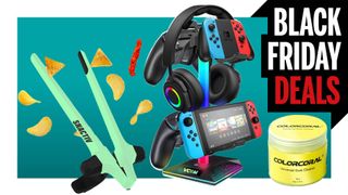 Glow in the dark SNACTIV PRO Finger Chopsticks, the VCOM RGB Gaming Headphones Stand, and a jar of Colorcoral Universal Dust Cleaner Gel float in a teal void bordered in white. The top right corner of the image is wrapped in a banner which reads 'Black Friday Deals'.