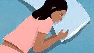 An illustration of a woman wearing pink pajamas sleeping on her side with her arms tucked up towards her chest