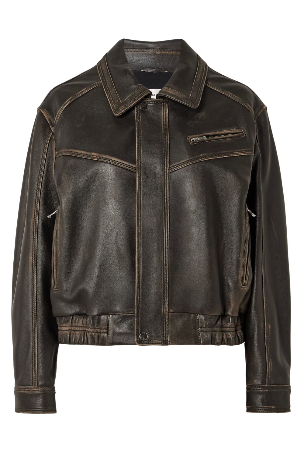 Nour Hammour Clint oversized paneled distressed leather bomber jacket