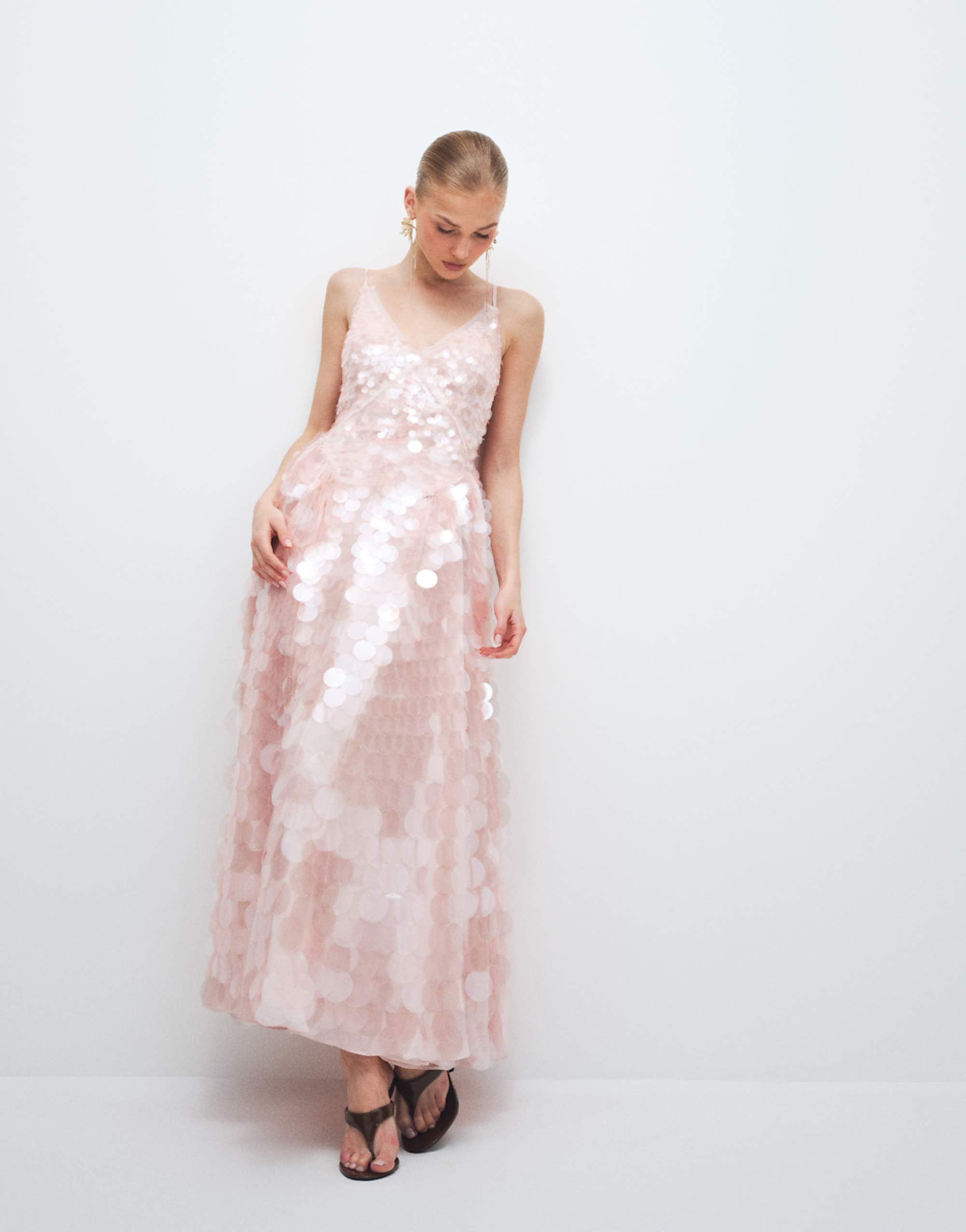 Arrange Embellished Sequin Cami Midi Dress With Full Skirt in Soft Pink