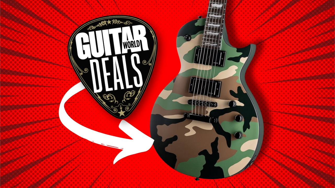 An ESP LTD EC-1000 with a camouflage finish on a red background