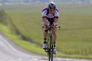 Nate English (Yahoo Cycling) summits the hill on the Merco TT course en route to disrupting a Bissell six-deep sweep.