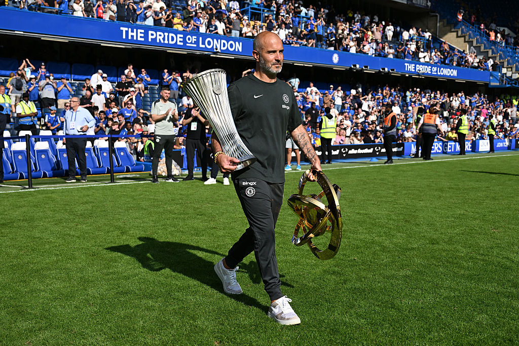Enzo Maresca brings out the Conference League and Club World Cup trophies at Stamford Bridge