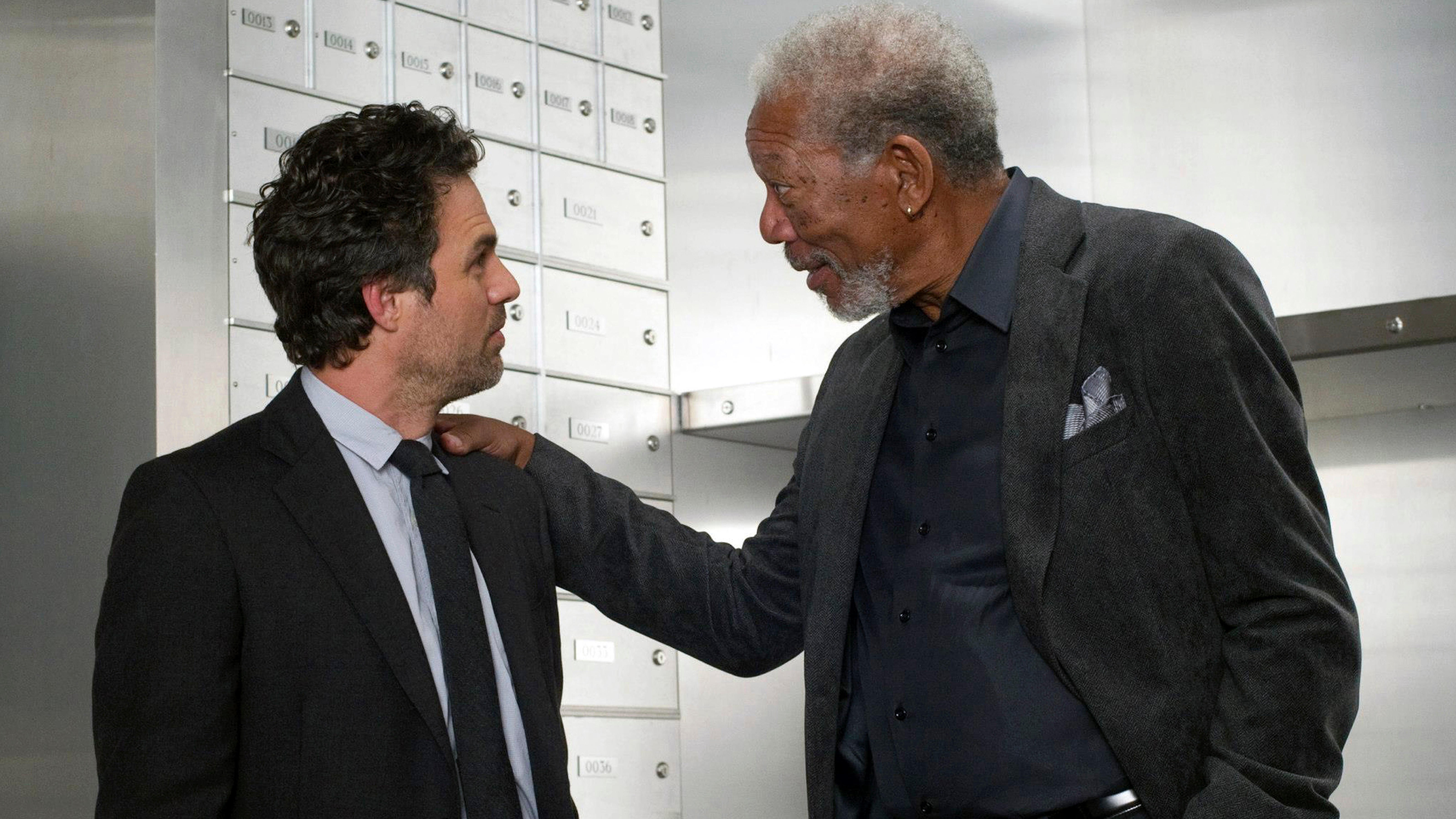 L-R: Mark Ruffalo and Morgan Freeman inside a bank vault in a scene from "Now You See Me"