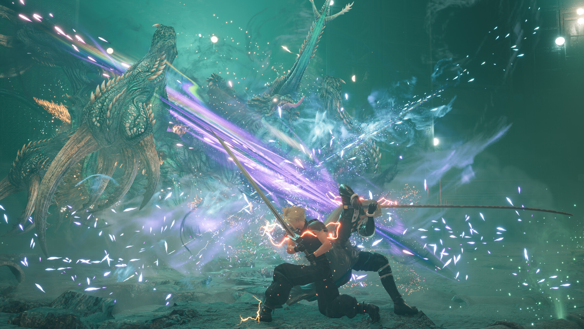 Cloud fighting a massive glowing dragon during the RPG Final Fantasy 7 Rebirth