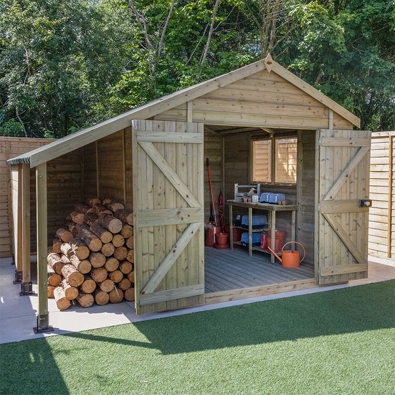 10&#039; X 8&#039; Forest Timberdale 25yr Guarantee Tongue &amp;amp; Groove Pressure Treated Double Door Apex Shed With Logstore (3.07m X 2.36m)