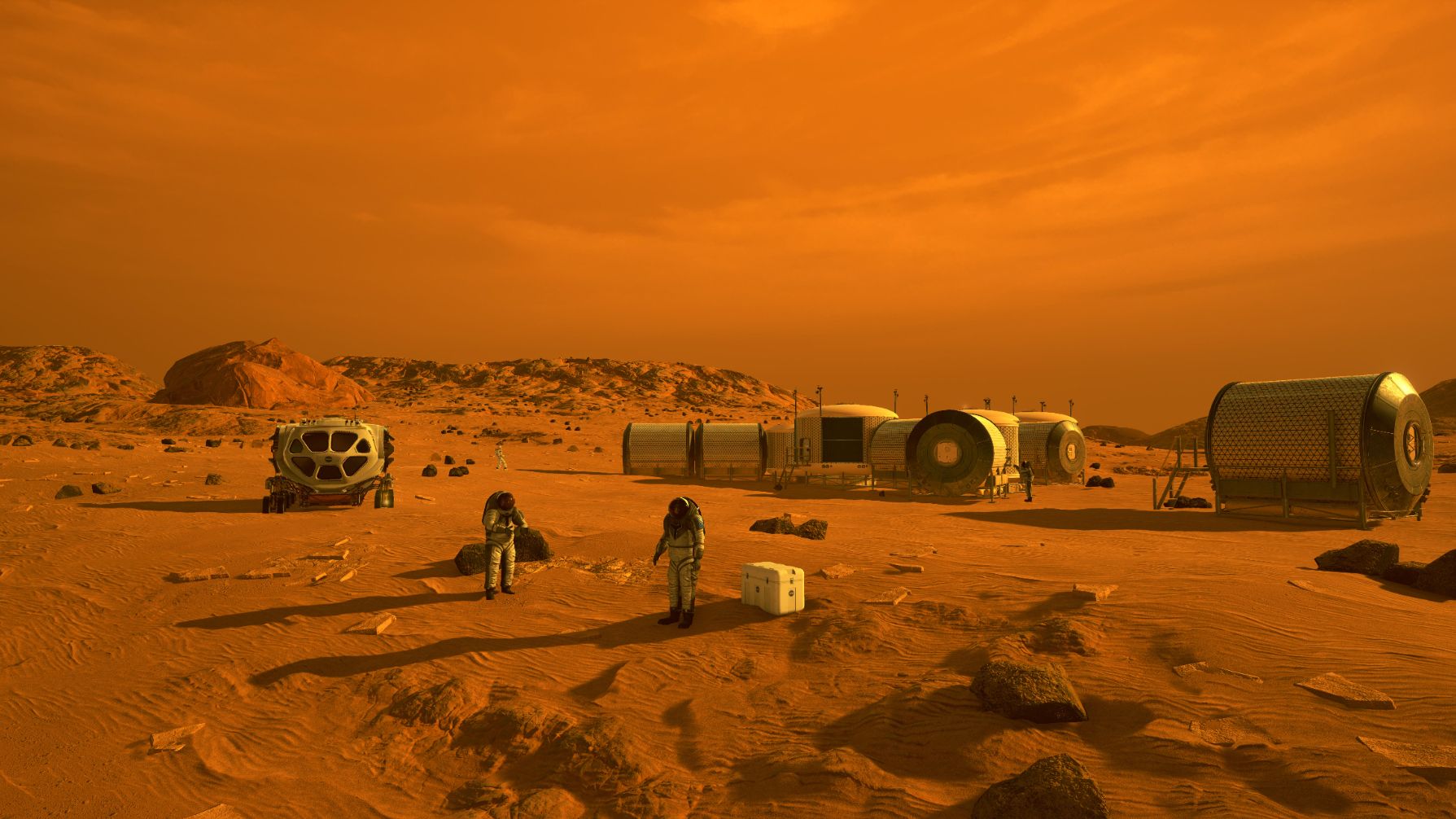 artist's illustration of a small human outpost on mars