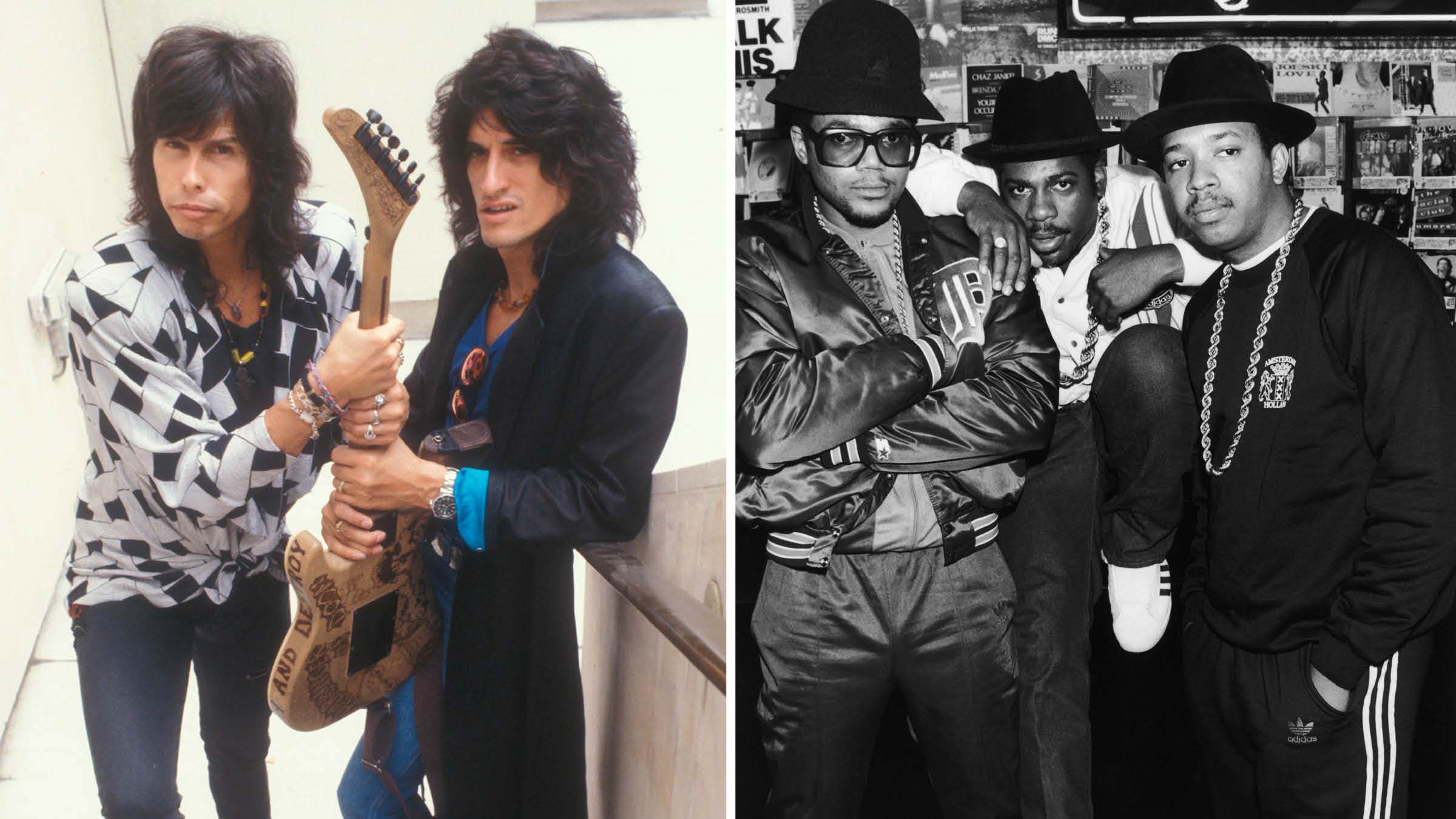 Steven Tyler and Joe Perry of Aerosmith pose with an S-style electric guitar [left]; A classic BW portrait of Run DMC in 1986