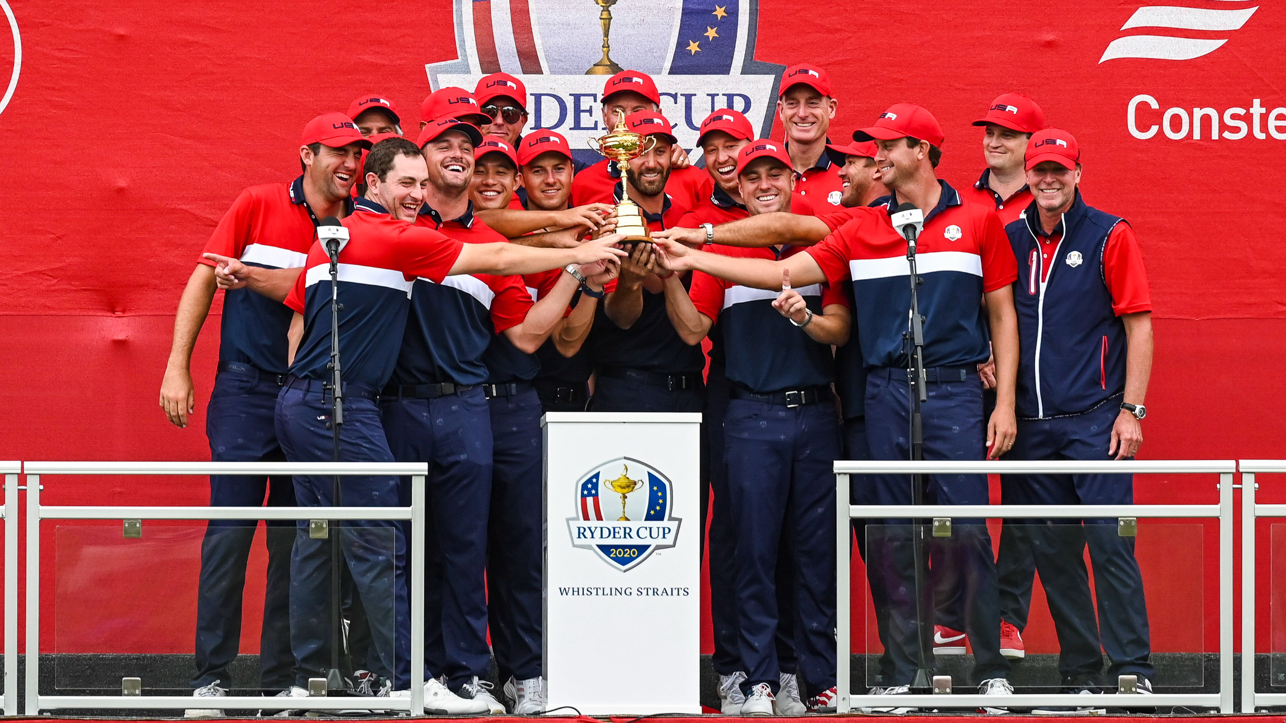 The US team celebrates winning the Ryder Cup