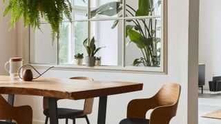 Dining area with wooden table and large indoor plants in background