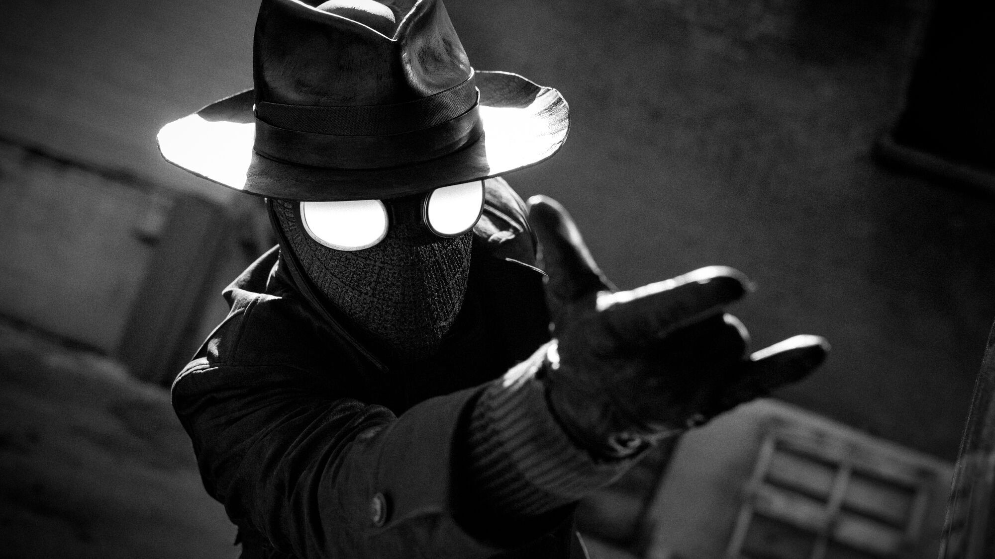 A still from the black and white animated series Spider-Noir showing the titular character in a fedora about to fire a web