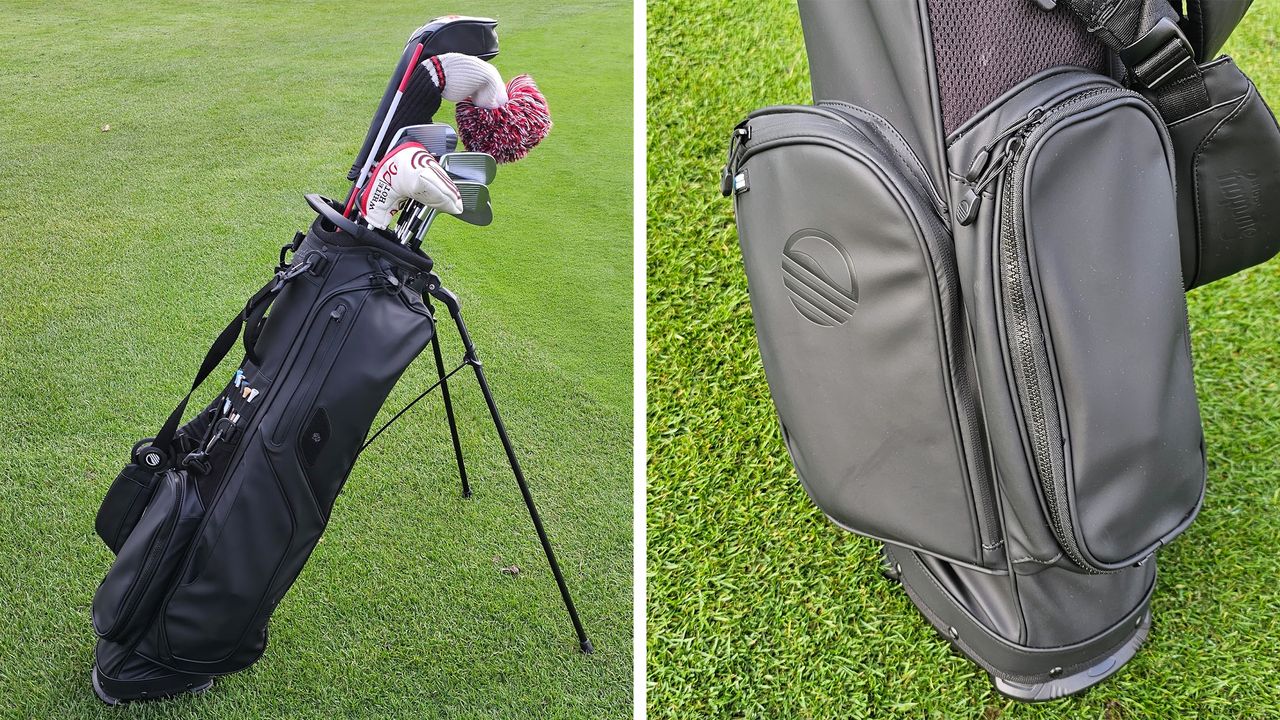 Sunday Golf black leather bag main and close up of ball pocket