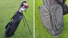 Sunday Golf black leather bag main and close up of ball pocket