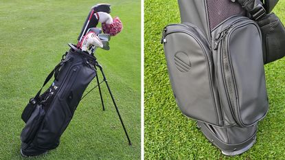 Sunday Golf black leather bag main and close up of ball pocket