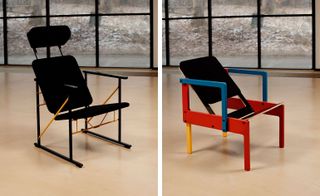 Two side by side images. Left: A black square office recline chair with head rest. Right: A red, yellow and blue framed chair with black V shaped seat.