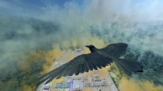 Still from Cai Guo-Qiang's Sleepwalking in the Forbidden City showing a crow soaring above coloured smoke