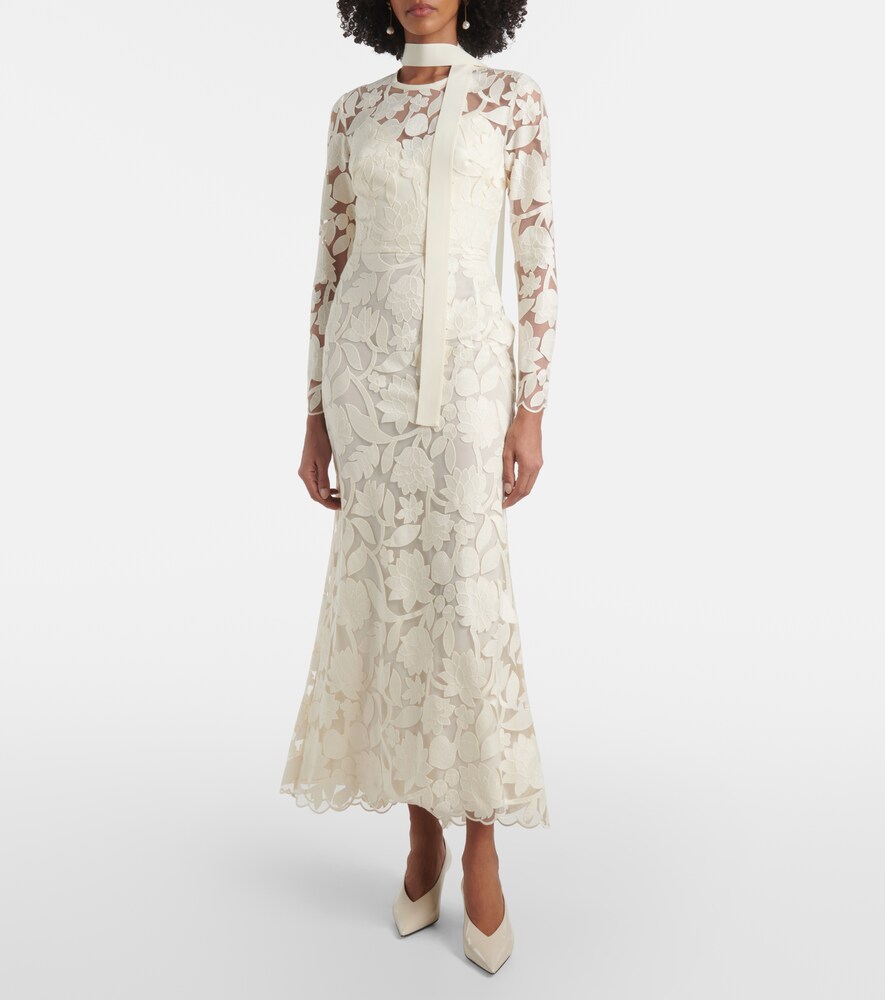 Floral Embroidered Tulle Midi Dress