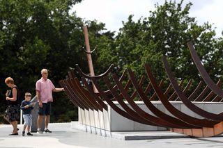 The replica rusted steel sculpture of the burial ship discovered at the National Trust's Sutton Hoo site in Suffolk, which has undergone a £4m revamp.