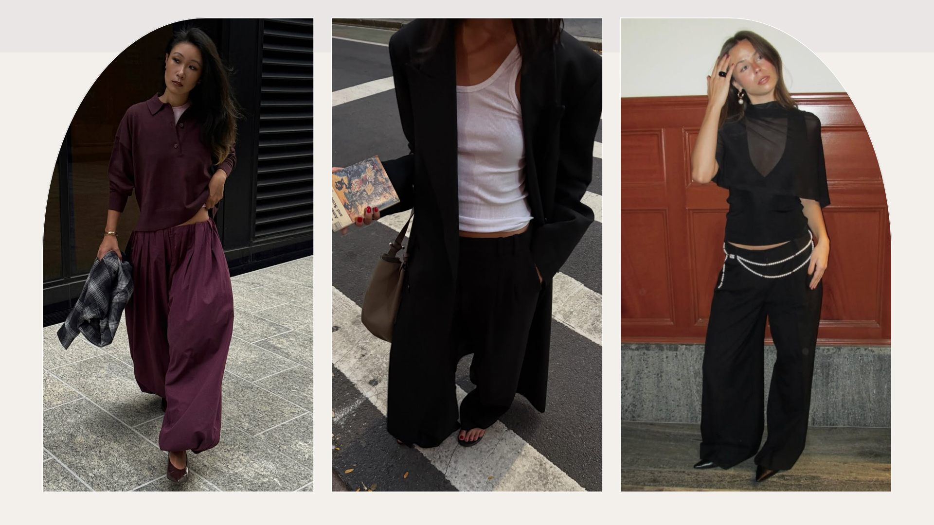 Influencers Caroline Lin, Johanna Lager and Mimi Nguyen wearing low-rise trousers. 