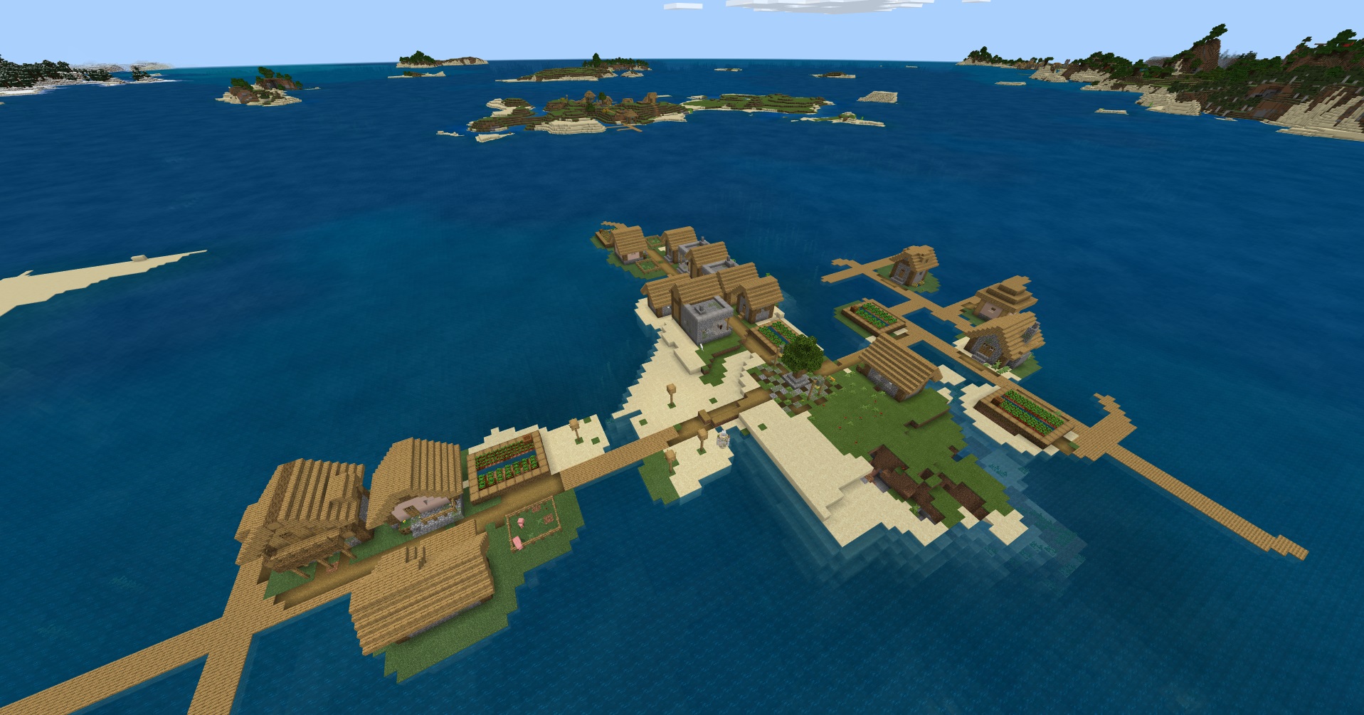 Minecraft bedrock seed - island village - A village on a very small island from a bird's eye view with another village on an adjacent island.