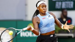 Coco Gauff hits a forehand at the French Open 2023