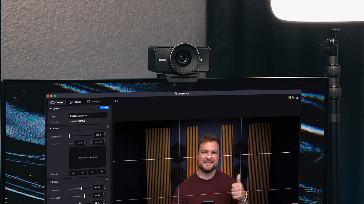 Facecam 4K mounted on a monitor with Camera Hub open