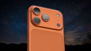iPhone 17 Pro in orange with night sky in the background.