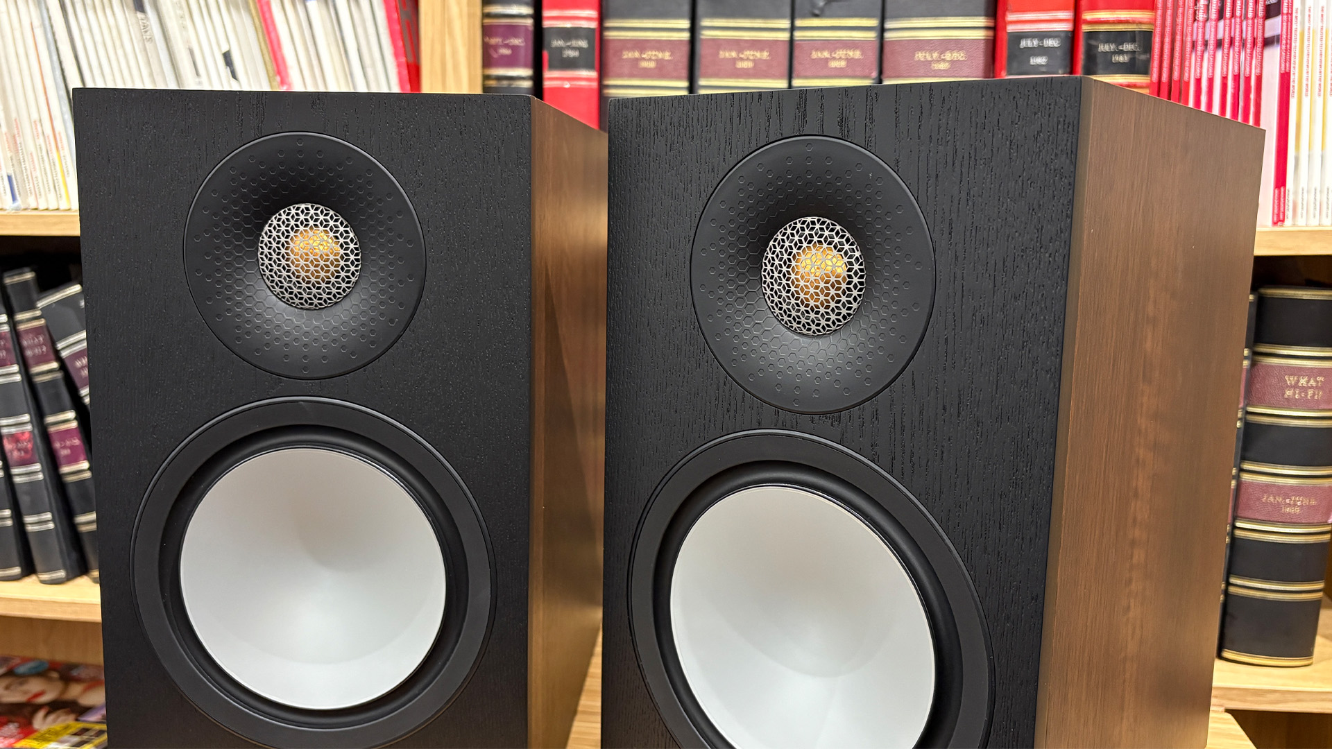 Monitor Audio Bronze 50 7G standmount speakers in front of bookcase, detail of drive units
