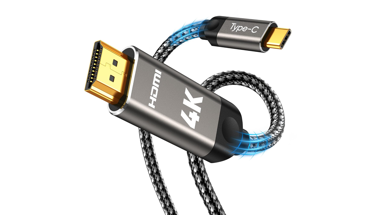 An image of a USB-C to HDMI cable on a white background