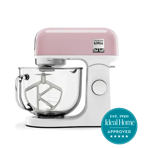 A silver and pink stand mixer on a white background with a blue 5 stars Ideal Home badge