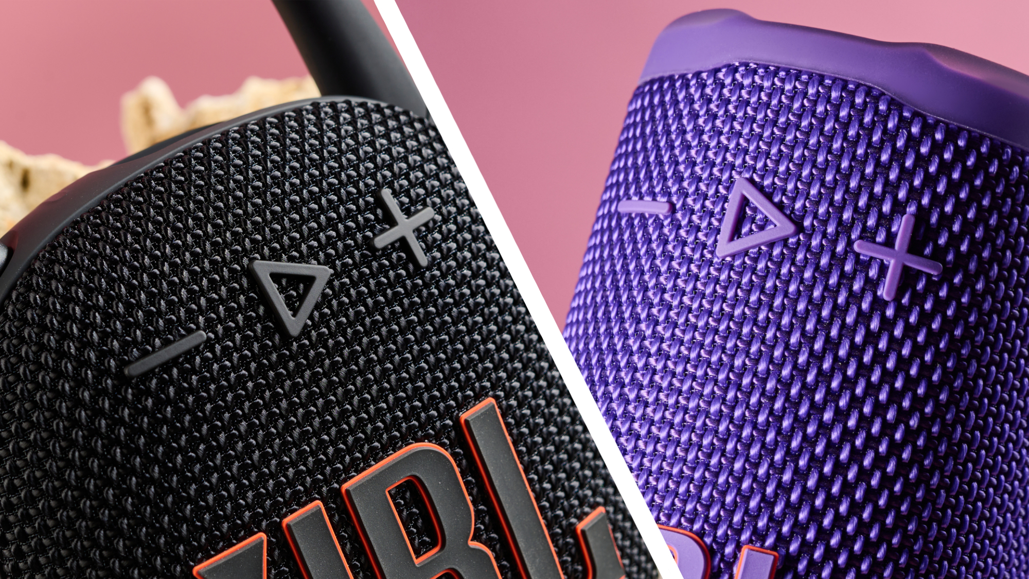 A close-up of the JBL Clip 5 and JBL Grip's play and volume buttons.