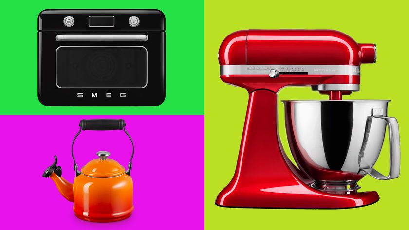 Smeg air fryer, Le Creuset kettle and KitchenAid stand mixer.