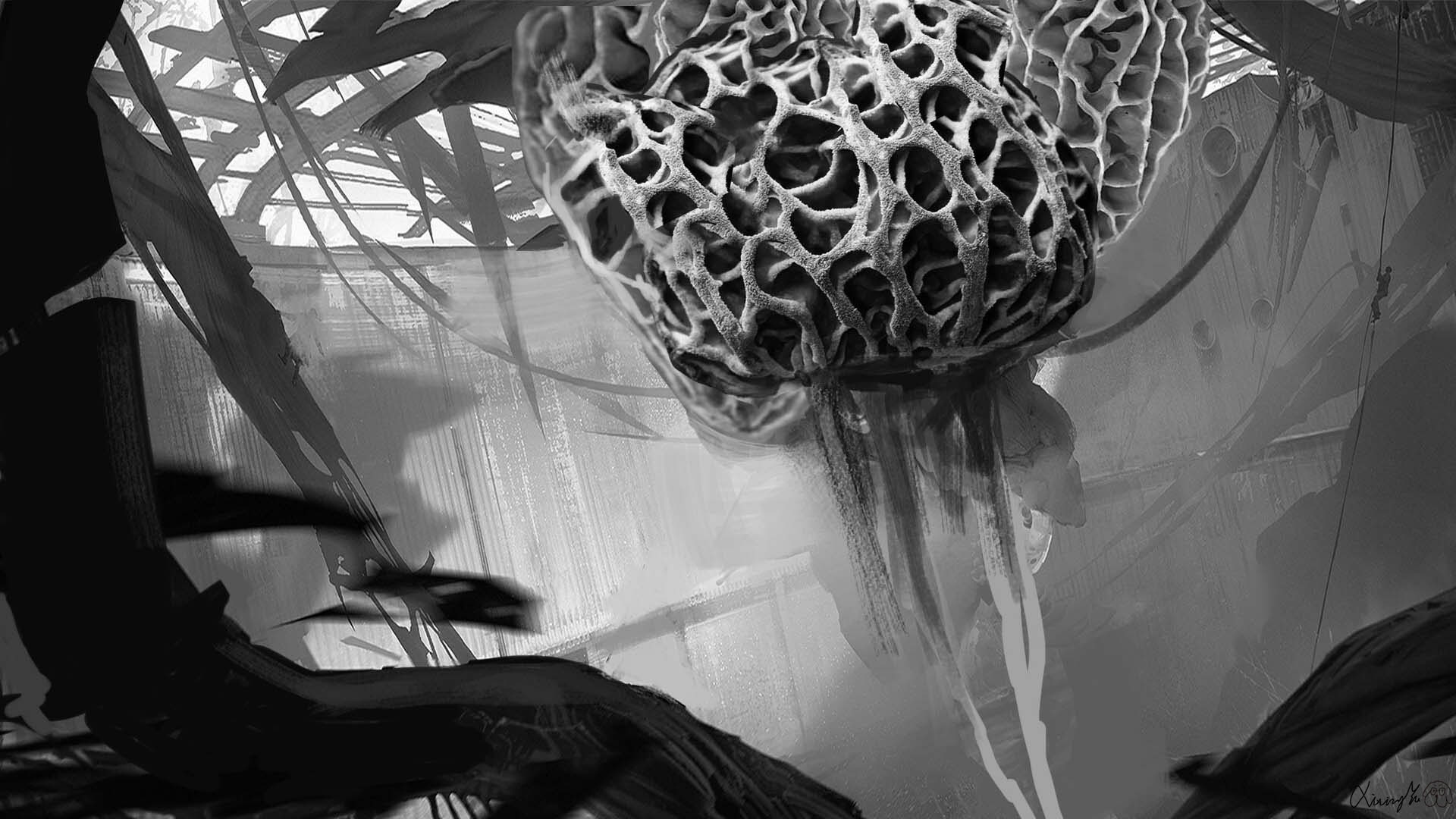 Concept art and screenshots from sci-fi shooter Mycopunk