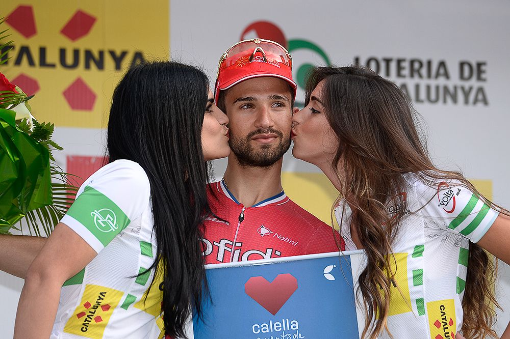 Nacer Bouhanni on the stage 1 podium at Volta a Catalunya.