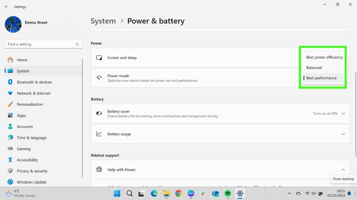 Screenshot showing methods of speeding up computer - Change power mode to Best Performance