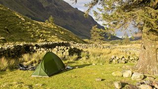 Tent pitched by stone wall, Lake District, UK