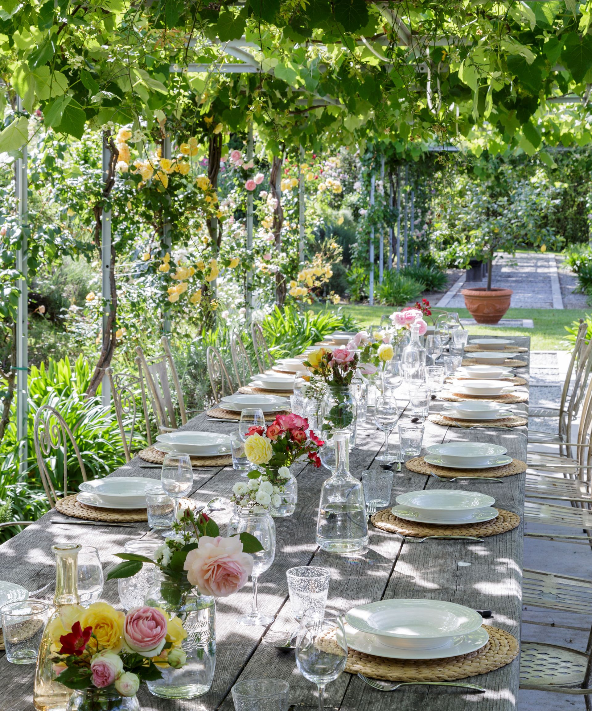 summer garden entertaining under a pergola with floral centrepiece