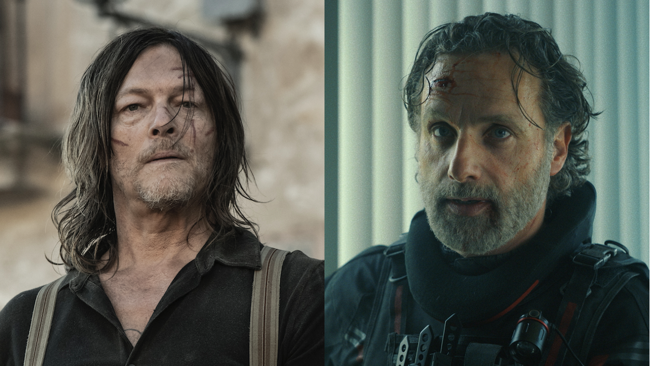 Side-by-side: Daryl in Spain in The Walking Dead: Daryl Dixon Season 3, Rick in protective gear in The Walking Dead: The Ones Who Live