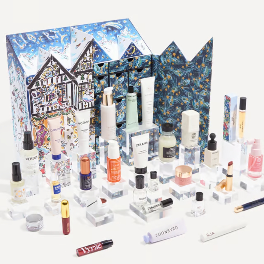 Liberty Beauty Advent Calendar 2026 with the contents in front of it