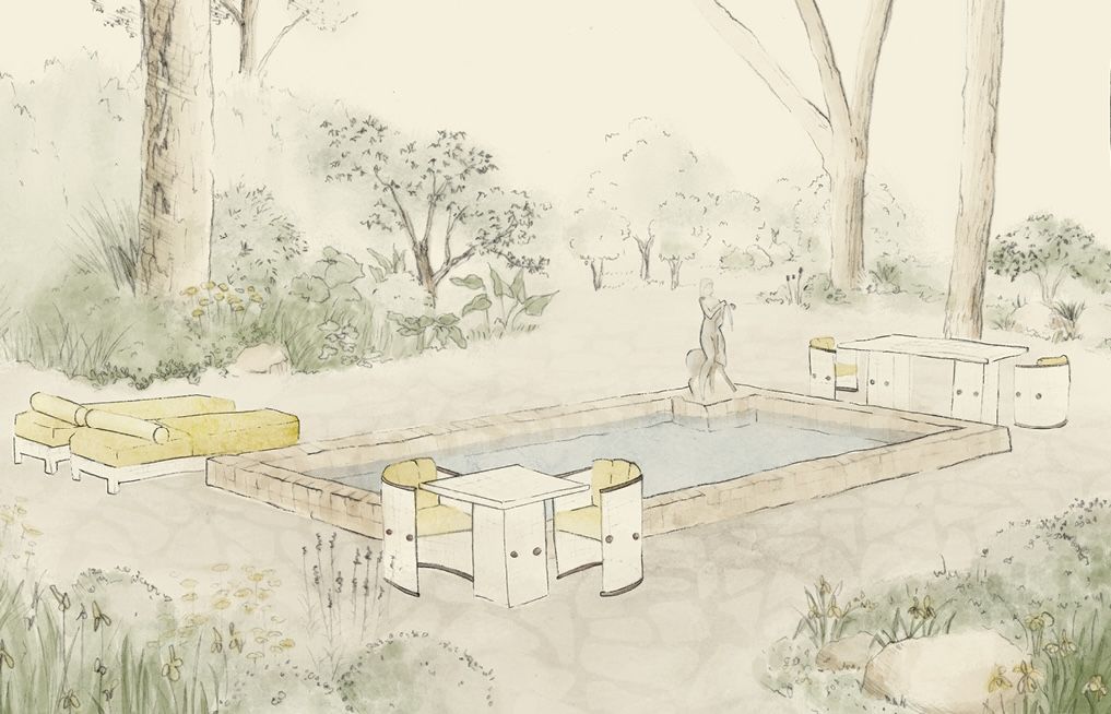 Render of furniture arranged in a garden