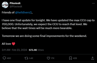 A post that reads: "Friends of @helldivers2 , I have one final update for tonight. We have updated the max CCU cap to 700,000. Unfortunately, we expect the CCU to reach that level. We believe that the wait times will be much more bearable. Tomorrow we are doing some final improvements for the weekend. All love ❤️"