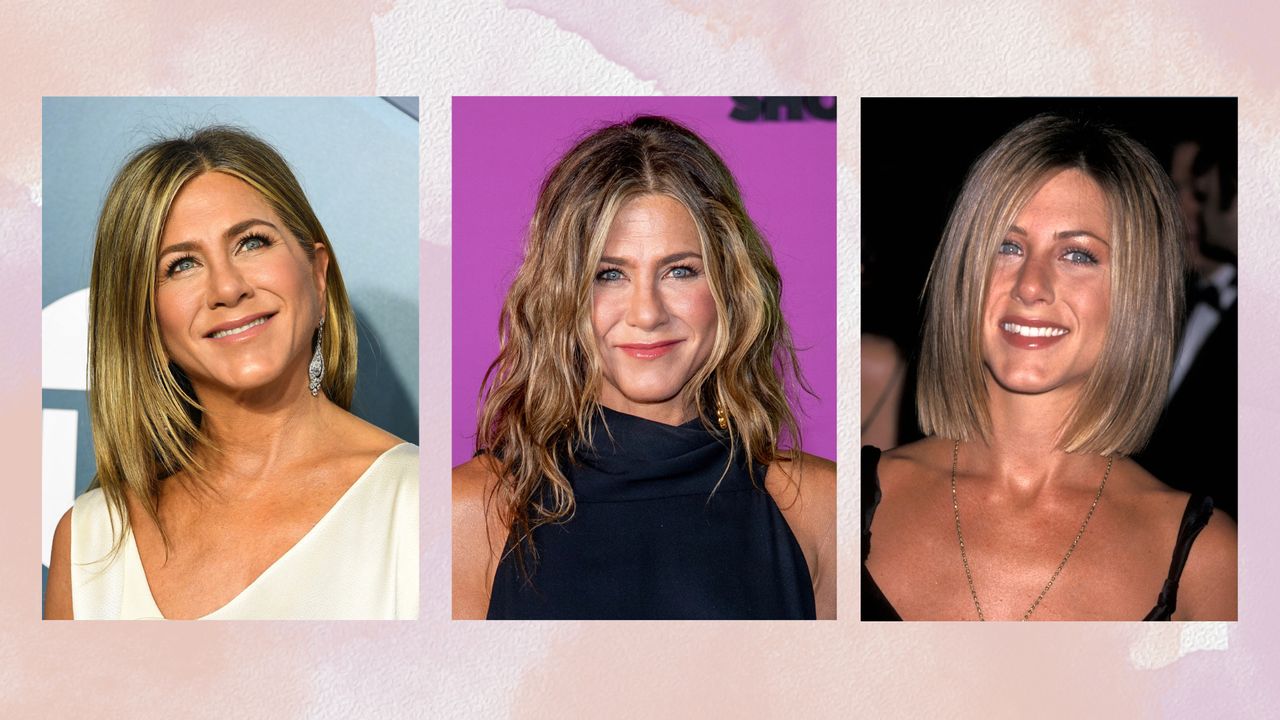 Collage of three vertical images of Jennifer Aniston against a pink and lilac watercolour-style background 